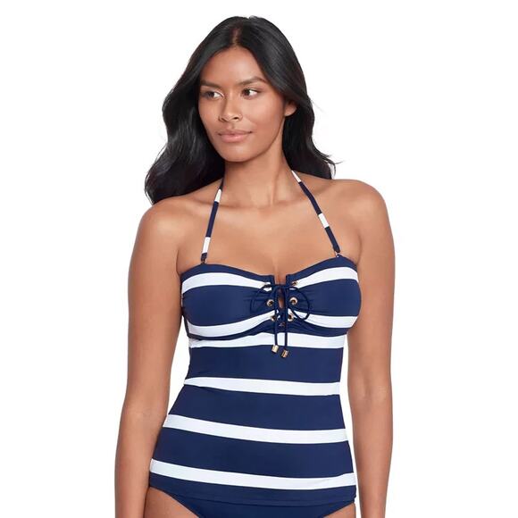 Lauren Ralph Lauren Striped Halter-Neck Lace-Up Tankini, Navy, Size 4 0298 - Picture 1 of 4